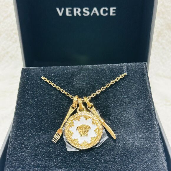 Versace Medusa Gold Miniature Plate Greca Engraved Pendant Necklace NWT $675 - Picture 8 of 14
